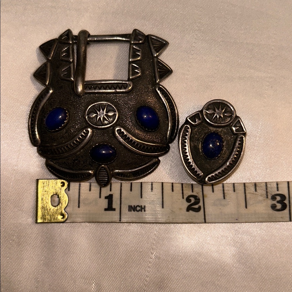 Vintage Sterling Belt Buckle & Slide with Blue Stone Accents - Picture 11 of 11